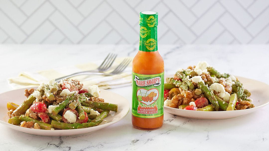 Asparagus Tomato Feta Salad with Spicy Balsamic Vinaigrette and Marie Sharp’s Mild Habanero Sauce - Marie Sharp's Company Store