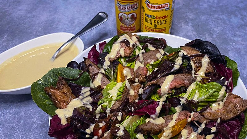 Keto Smokin’ Hot Flank Steak Salad with Garlic Habanero Blue Cheese Vinaigrette - Marie Sharp's Company Store